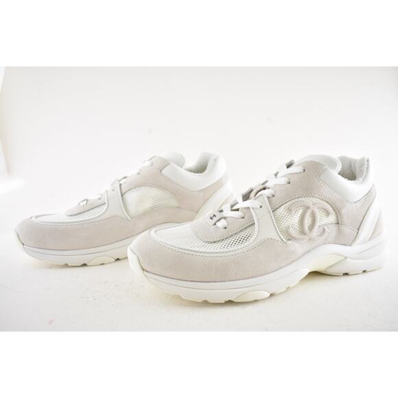 Chanel 20P Mens Triple White Mesh CC Logo Low Top Runner Trainer Sneaker 44 11 - Picture 10 of 13
